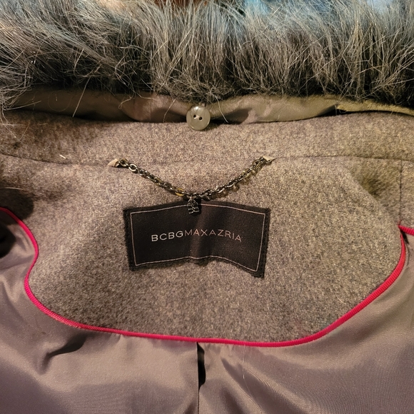 BCBG Max Azria Full Length Wool Blend Coat with Faux Fur Collar - Picture 15 of 17